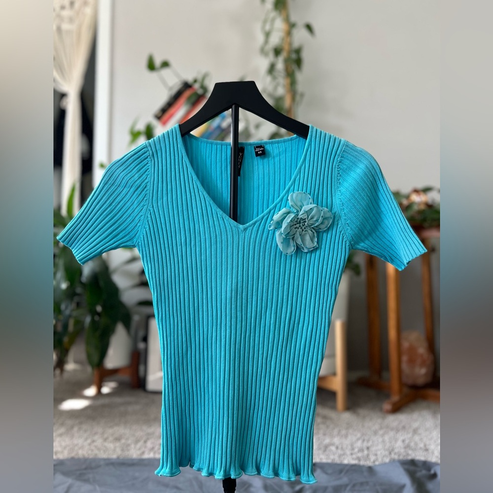 Venezia Blue Ribbed Blouse with Floral Accent
